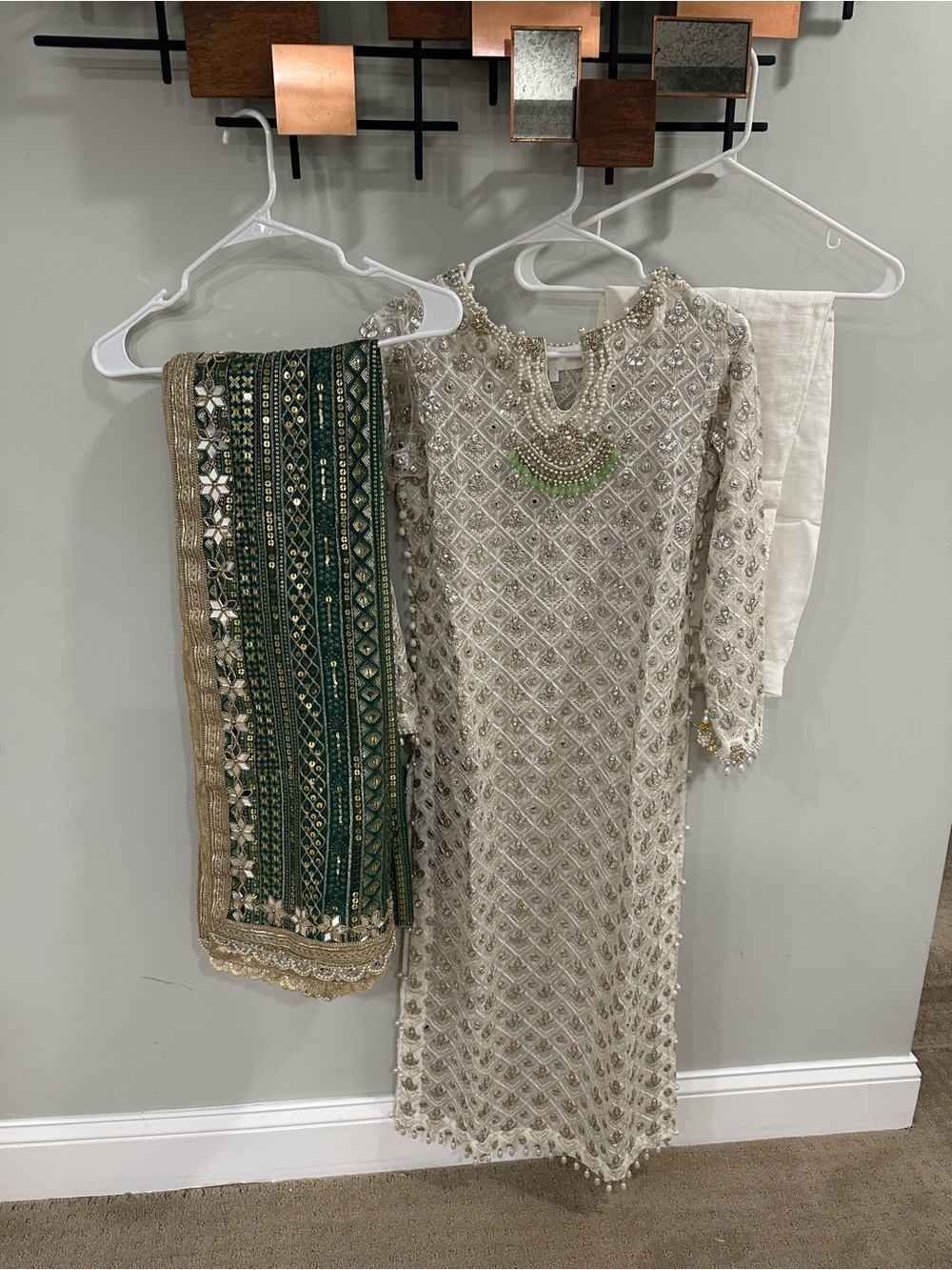 Embroidered Cream Women's Dress with Green Accented Dupatta